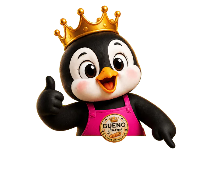 Mascote Bueno Churros fazendo joinha e apontando para as redes sociais